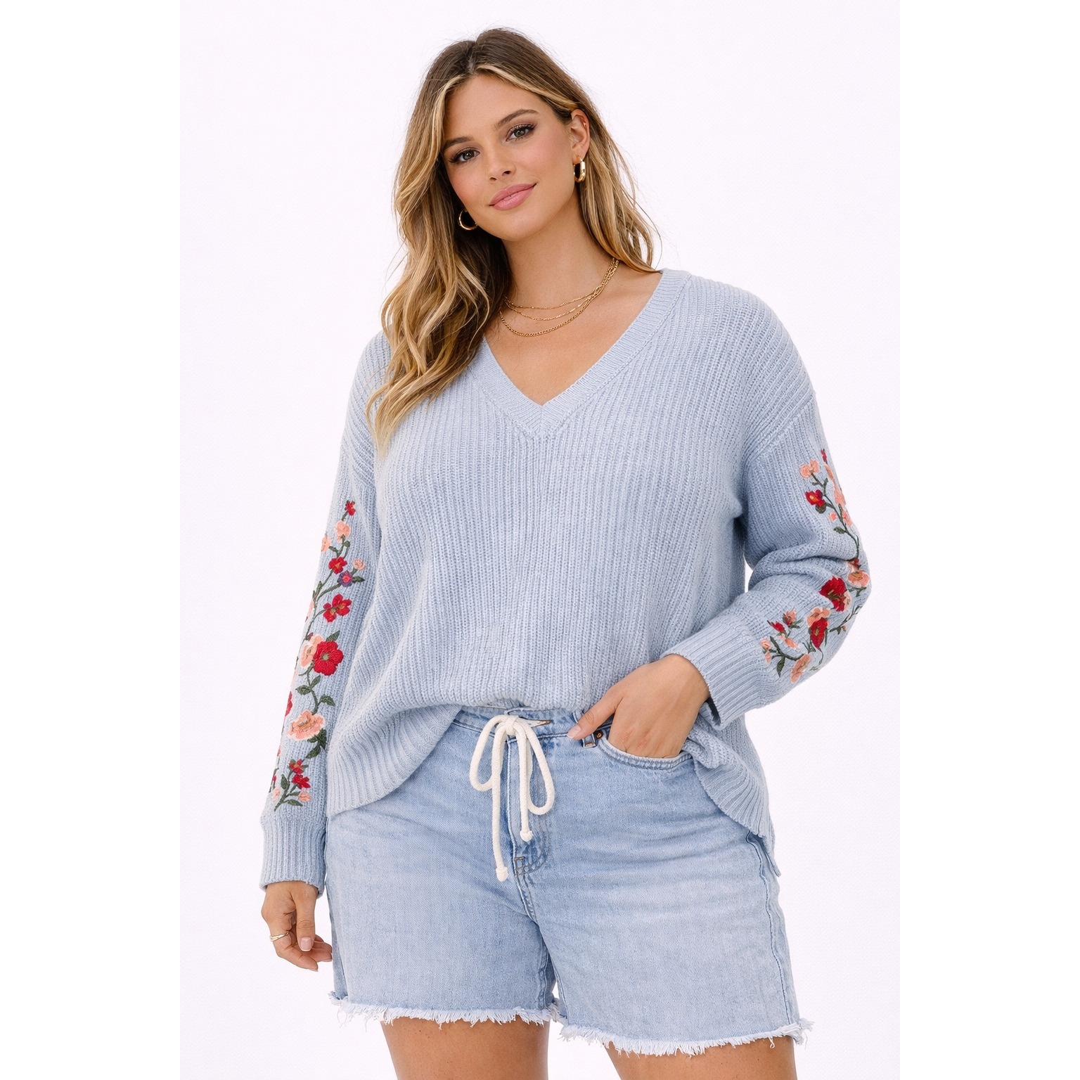 American Eagle Sweater Womens S Blue Floral Embroidered V-Neck Knit Cottagecore